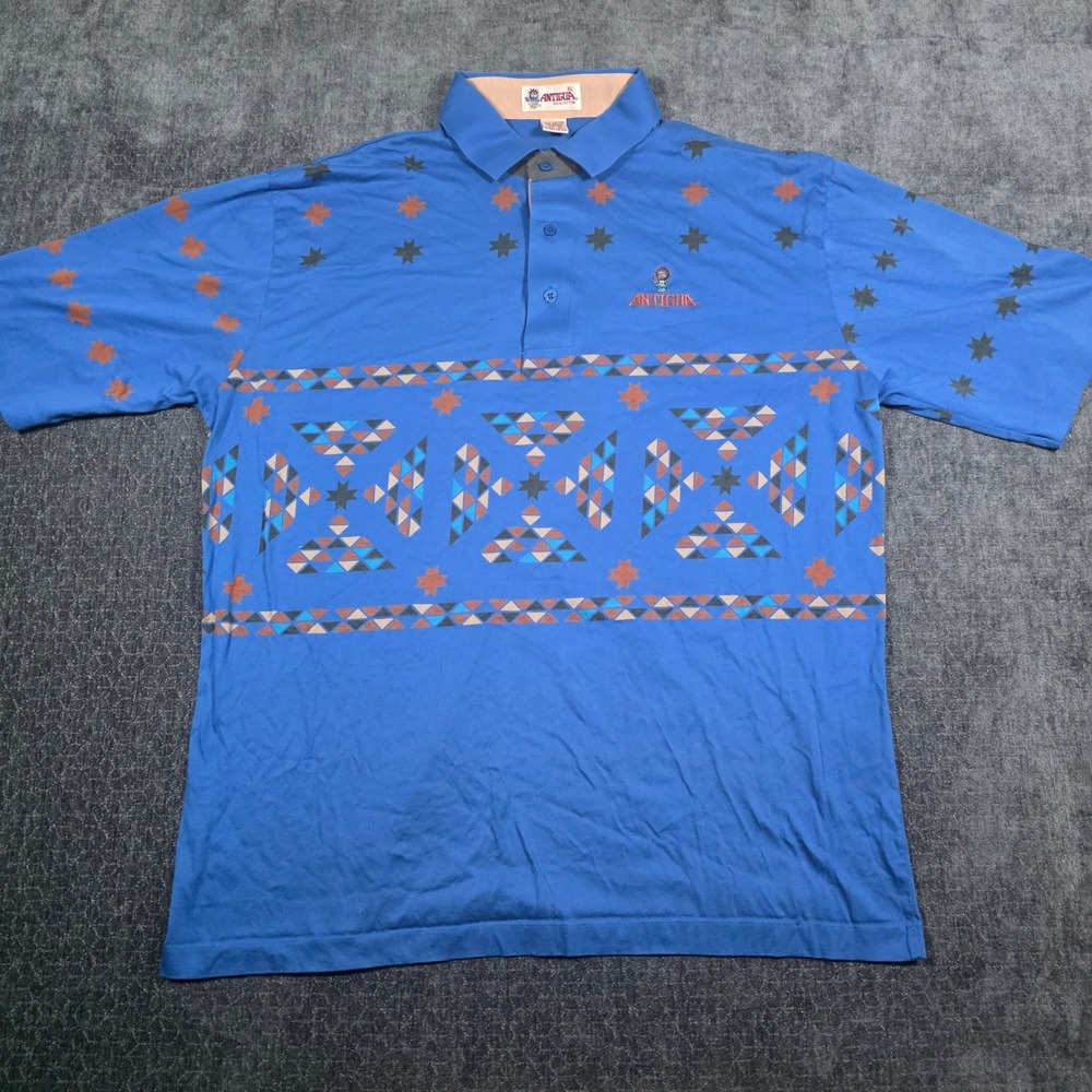 Vintage Antigua Mens XL Blue Southwestern Mercerized Cotton Polo Shirt Aztec